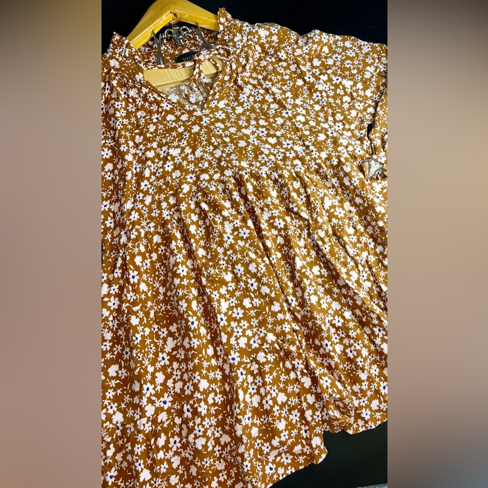 VICI Burnt Orange Floral Long Sleeve Tiered Tunic/Mini Dress Size S EUC